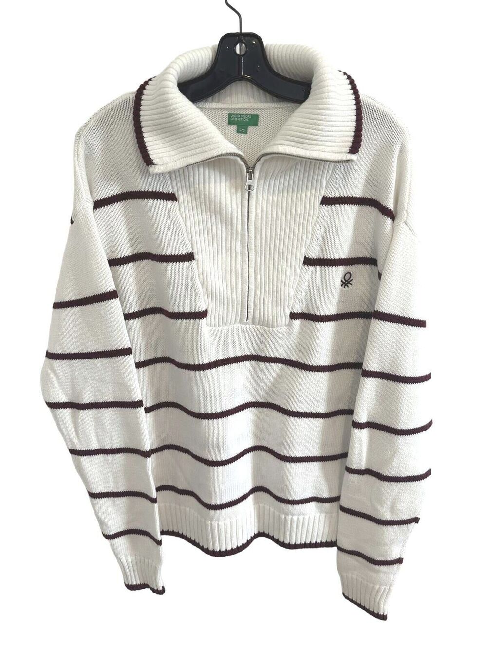 United Colors of Benetton White and Burgundy 1/2 Zip Striped Knit Sweater- L EUC